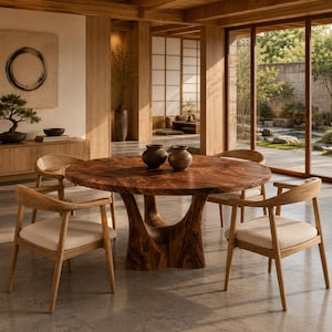 Mesa de comedor redonda de madera maciza, mesa de comedor de nogal, mesa de comedor con pedestal, muebles de comedor de lujo hechos a mano, mesa moderna orgánica