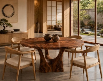 Round Solid Wood Dining Table, Walnut Dining Table, Pedestal Dining Table, Handmade Luxury Dining Furniture, Organic Modern Table