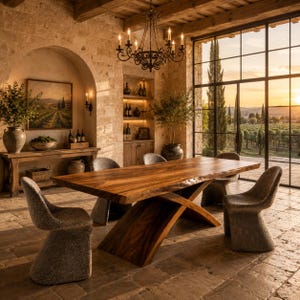 Mesa de comedor de lujo de madera maciza, mesa de comedor con borde natural, mesa de comedor moderna de nogal, mesa de madera escultural, muebles de diseño para el comedor.