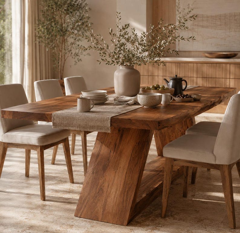 Handmade rectangular solid wood dining table with a modern double pedestal base displayed in a luxury organic modern dining room featuring limestone walls, travertine flooring, floor-to-ceiling windows, Mediterranean olive garden views, and warm natural sunlight.