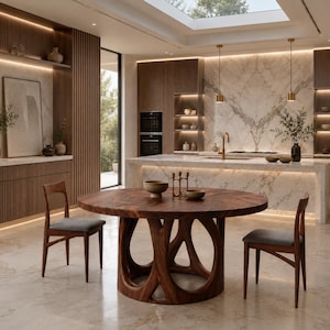 Round Walnut Dining Table, Sculptural Pedestal Dining Table, Solid Wood Kitchen Table, Luxury Modern Dining Furniture, Handmade