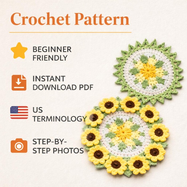 Sunflower Crochet Coaster Pattern, Beginner Friendly DIY (PDF Pattern ...