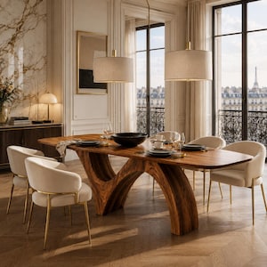 Mesa de comedor de madera maciza, mesa de comedor con borde natural, mesa de comedor de nogal, mesa moderna orgánica, muebles de comedor de lujo hechos a mano.