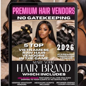 May include: An advertisement for a hair brand, displayed on a tablet. The text reads "Premium Hair Vendors" and "Start Your Hair Brand." The image includes bundles of black hair and a woman with long, dark hair.