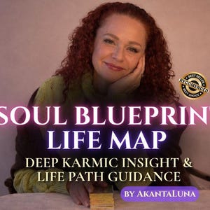 May include: A person with curly red hair wearing a lime green sweater, with text overlay reading SOUL BLUEPRINT LIFE MAP, DEEP KARMIC INSIGHT & LIFE PATH GUIDANCE, BY AKANTALUNA, and a gold circular badge stating BEST SELLER RECOMENDED BEST CHOICE.