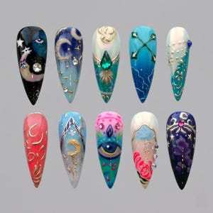 Luxury Mystical Galaxy Press on Nails, Stiletto Abstract Astrology Fake Nails, Celestial Moon Star Third Eye Glue ons