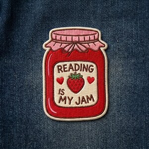 Reading Is My Jam Strawberry Patch, Cute Book Lover Embroidered Badge, Library Aesthetic Iron-On DIY Gift