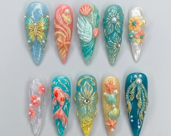 3D Mermaid Koi Fish Stiletto Press on Nails, Oriental Floral Pearl False Nails