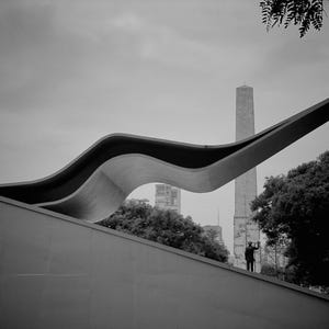 May include: A large, black, wave-shaped outdoor sculpture with a smooth, curved surface. The structure rises from a sloped base, extending upwards into the sky. In the background, a tall, slender stone obelisk stands near trees and city buildings.