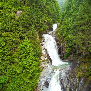 White waterfall descending through a rocky channel amid dense green conifers, shown in the complete composition.