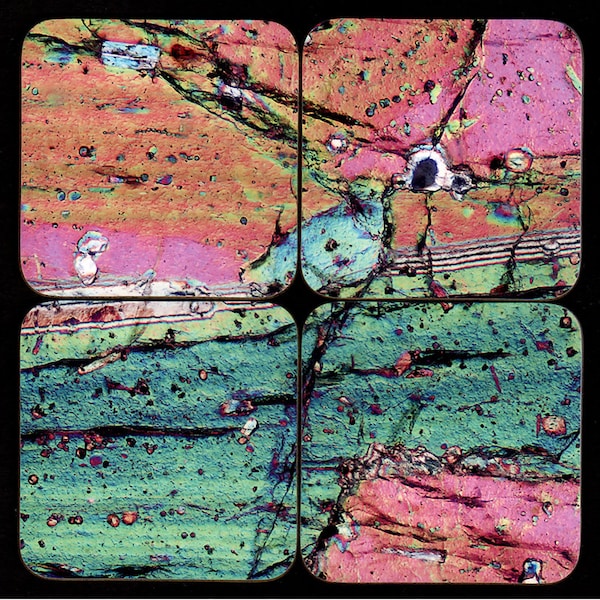 Vesuvius Volcano Geology Coasters - Rock thin section microscope photo coasters of Pyroxene from Vesuvius Volcano, Italy - geological gift