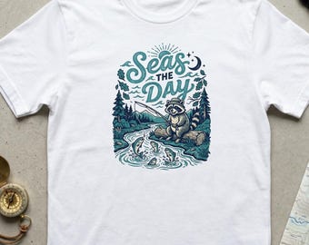 Seas the Day Raccoon T-Shirt | Funny Fishing Pun Tee | Gift for Fishermen