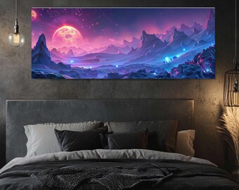 Surreal Alien Planet Panoramic Wall Art, Twin Suns Sci-Fi Landscape Canvas Print, Purple and Blue Space Decor, Futuristic Framed Art Print