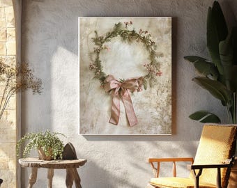 Vintage Botanical Wreath Canvas Wall Art, Shabby Chic Pink Ribbon Bow Print, Rustic Floral Wreath Decor, Antique Style Framed Canvas Art