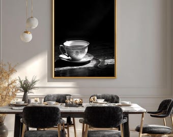 Moody Monochrome Teacup Art, Elegant Vintage China Photography Canvas, Dramatic Black and White Kitchen Decor, Fine Art Tea Lover Gift
