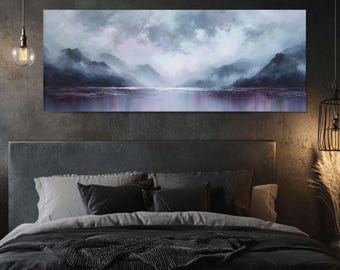 Misty Mountain Sea Oil Painting, Atmospheric Coastal Landscape Canvas Wall Art