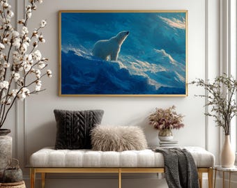 Majestic Polar Bear Arctic Ice Canvas Wall Art, Blue Winter Wildlife Painting (Framed Print)