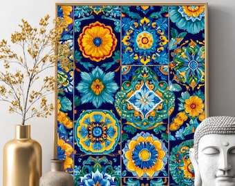 Mexican Tile Canvas Art, Floral Geometric Print, Boho Wall Decor