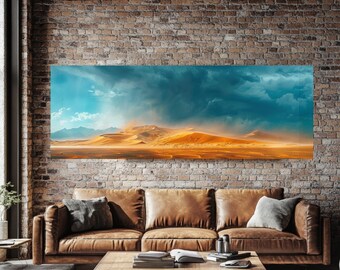 Panoramic Desert Rain Wall Art, Golden Sand Dunes Canvas Print, Dramatic Storm Sky Landscape, Modern Southwest Decor, Large Framed Art
