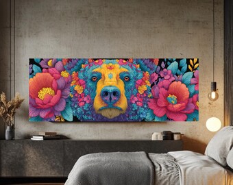 Vibrant Floral Bear Canvas Art, Maximalist Boho Animal Print, Psychedelic Wildlife Decor