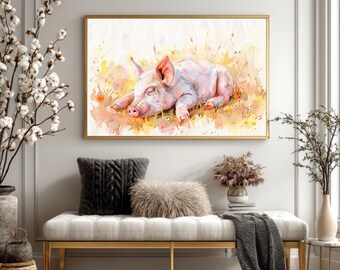 Cute Watercolor Piglet Canvas Wall Art, Sleeping Pig Nursery Decor, Pastel Farm Animal Painting, Framed Canvas Print, Piggy Lover Gift Idea