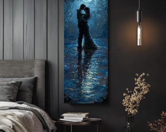 Romantic Couple Dancing Moonlit Canvas Art, Blue Impressionist Reflection Print (Framed Canvas)