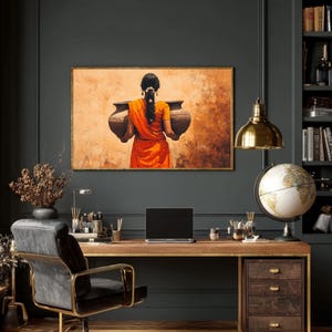 Puede incluir: Interior de oficina con escritorio, portátil, globo terráqueo y silla de cuero. Una pintura enmarcada muestra a una persona con un sari naranja llevando ollas. La habitación tiene paredes verde oscuro, una lámpara colgante de latón y una estantería.