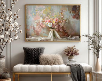 Wildflower Bouquet Canvas Wall Art, Rustic Floral Print, Shabby Chic Pink Roses Daisies Decor, Vintage Meadow Flowers Framed Canvas Art