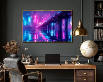 Cyberpunk Neon City Bridge Wall Art, Futuristic Cityscape Night Canvas Print, Sci-Fi City Glow Framed Art, Modern Vaporwave Home Decor