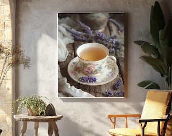 Vintage Floral Teacup Lavender Canvas Print, Cottagecore Farmhouse Kitchen Decor
