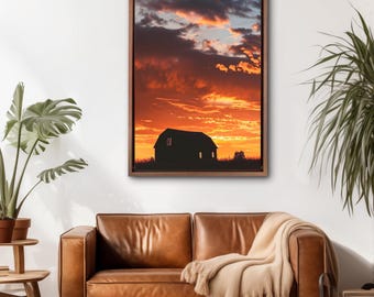 Rustic Barn Sunset Wall Art, Dramatic Farmhouse Canvas Decor, Country Landscape Silhouette Print, Fiery Orange Sky Framed Canvas Art