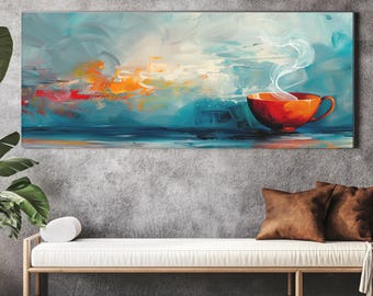 Abstract Red Teacup Panoramic Wall Art, Modern Teal Blue Canvas Print, Contemporary Kitchen Decor, Steam Swirls Coffee Bar Framed Art