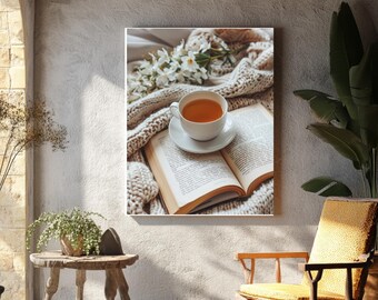 Cozy Reading Nook Wall Art, Hygge Tea and Books Canvas Print, Aesthetic Cottagecore Bedroom Decor, Relaxing Flat Lay Framed Wall Decor
