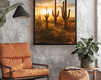 Saguaro Cactus Desert Sunset Wall Art, Arizona Golden Hour Gloss Print Poster