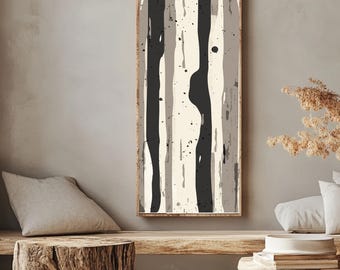 Minimalist Vertical Abstract Wall Art, Neutral Grey and Black Lines Canvas Print, Modern Contemporary Office Decor, Tall Narrow Framed Art