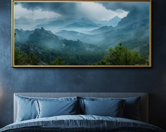 Panoramic Mountain Stormy Sky Canvas Print, Misty Forest Landscape Decor (Framed Canvas)