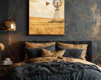 Rustic Windmill Canvas Wall Art, Vintage Farmhouse Decor, Old Country Windmill in Wheat Field, Large Framed Canvas Print, Rural Landscape