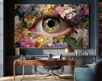 Surreal Eye Wildflower Canvas Art, Impressionist Floral Wall Decor, Botanical Painting (Framed Canvas)