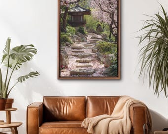 Japanese Garden Canvas Art: Cherry Blossom, Pagoda, Stone Path Zen Landscape Print