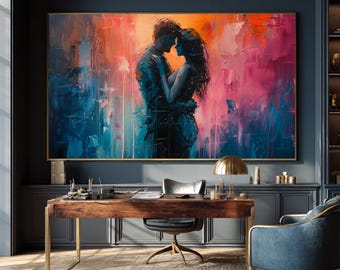 Romantic Couple Abstract Canvas Art Print: Expressive Colorful Painting, Modern Bedroom Wall Decor
