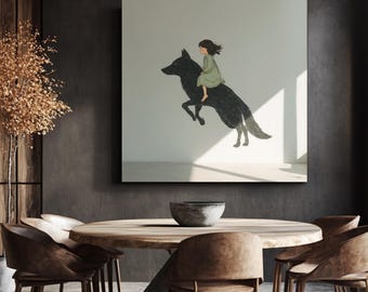 Girl and Wolf Canvas Print, Whimsical Nursery, Scandinavian Kids Room