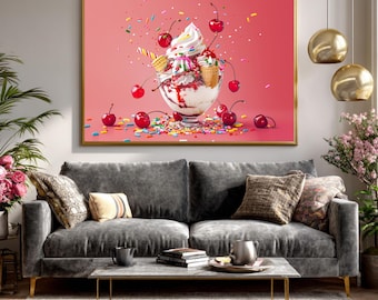 Vibrant Ice Cream Sundae Wall Art, Colorful Dessert Canvas Print, Sweet Treats Kitchen Decor, Cherry Sprinkles Pop Art, Framed Canvas Art