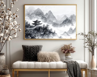 Chinese Ink Painting Landscape Canvas Art, Zen Pagoda Tea House Wall Decor, Framed Print