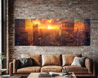 City Skyline Sunset Poster, Glowing Skyscrapers, Urban Landscape Gloss Print