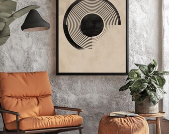 Abstract Orbit Circle Wall Art, Minimalist Black Geometric Canvas Print, Modern Celestial Planet Art, Beige Textured Framed Wall Decor