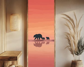 Bear Family Sunset Canvas, Rustic Wilderness Nursery Art