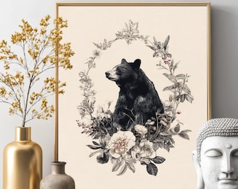 Vintage Botanical Bear Canvas Print, Floral Wreath Woodland Nursery Decor