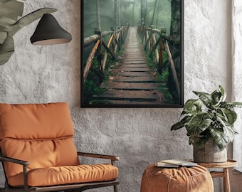Foggy Forest Bridge Canvas Print, Cinematic Mossy Nature Wall Art