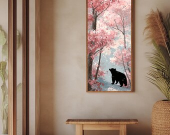 Bear Cherry Blossom Trees Canvas Art, Pink Sakura Forest Painting, Vertical Nature Wildlife Print