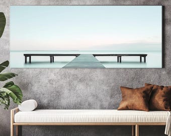Minimalist Pier Ocean Wall Art, Calm Seascape Canvas Print, Zen Bridge Horizon Landscape, Blue Coastal Home Decor, Modern Framed Wall Art